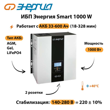 ИБП Энергия Smart 1000W - ИБП и АКБ - Энергия ИБП Smart - . Магазин оборудования для автономного и резервного электропитания Ekosolar.ru в Кирове